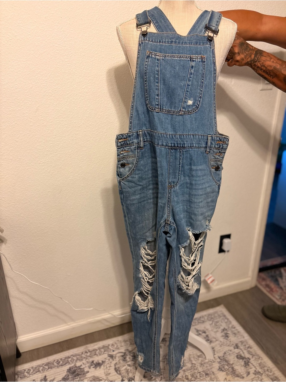 Cello Light Blue Distressed Denim Overalls with Rips